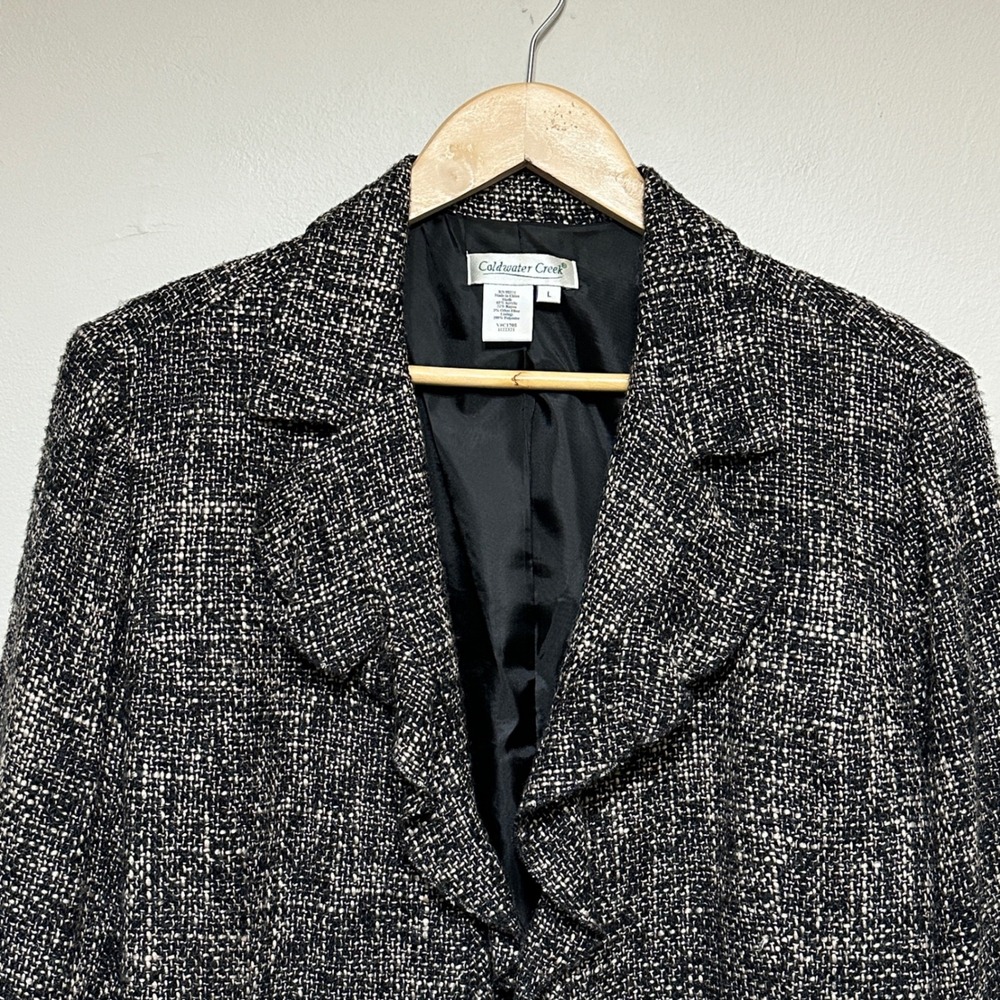 Vintage Coldwater Creek Tweed Ruffle Front Jacket Blazer Womens L Woven Preppy - Picture 2 of 10